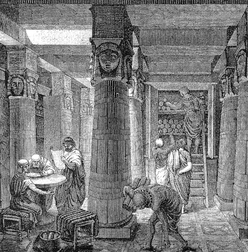 Artistic Depiction of the Library of Alexandria based on historical evidence. O. Von Corven - "The Great Library of Alexandria"
